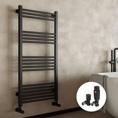 Matt Black Bathroom Straight Heated Towel Rail Radiator 400 x 1000 & Angled Thermostatic Valves