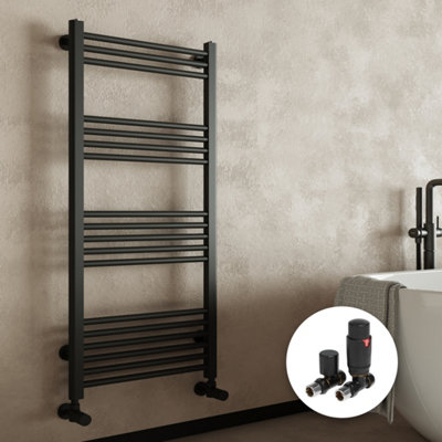 Matt Black Bathroom Straight Heated Towel Rail Radiator 400 x 800 & Straight Thermostatic Valves