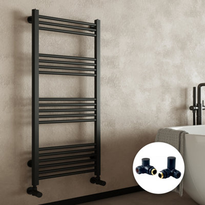 Matt Black Bathroom Straight Heated Towel Rail Radiator 500 x 1200 & Corner Manual Valves