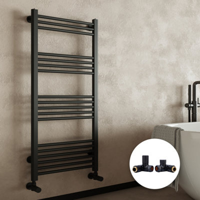 Matt Black Bathroom Straight Heated Towel Rail Radiator 500 x 1200 & Dual Fuel Manual Corner Valves