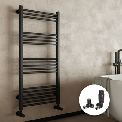 Matt Black Bathroom Straight Heated Towel Rail Radiator 600 x 1200 & Corner Thermostatic Valves