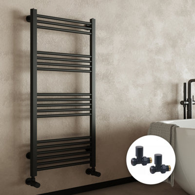 Matt Black Bathroom Straight Heated Towel Rail Radiator 600 x 1200 & Straight Manual Valves