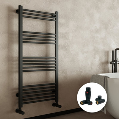 Matt Black Bathroom Straight Heated Towel Rail Radiator 600 x 1600 & Dual Fuel Thermostatic Corner Valves