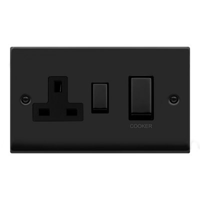 Matt Black Cooker Control Ingot 45A With 13A Switched Plug Socket - Black Trim - SE Home