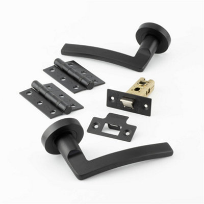 Matt Black Door Handle Pack - Fire Rated Curved Lever on Rose Hinge & Latch Set