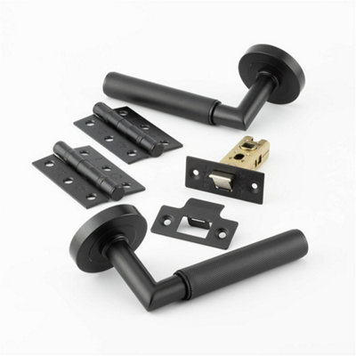 Matt Black Door Handle Pack - Fire Rated Mitred Lever on Rose Hinge & Latch Set