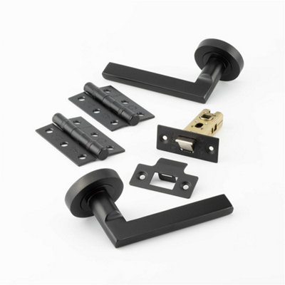 Matt Black Door Handle Pack - Fire Rated Slim Lever on Rose Hinge & Latch Set