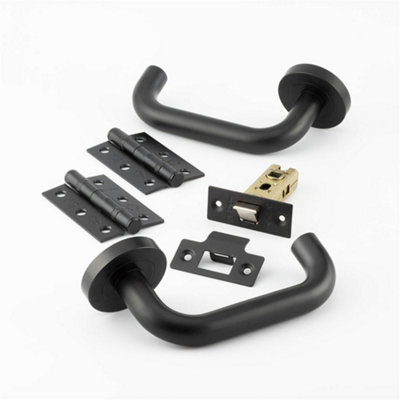 Matt Black Door Handle Pack - Fire Rated Stylish Lever on Rose Hinge & Latch Set