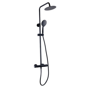 Matt Black Finish Round Thermostatic Bar Mixer Shower With Overhead Drencher & Wall Mounted Sliding Handset (Sea) - 2 Shower Heads