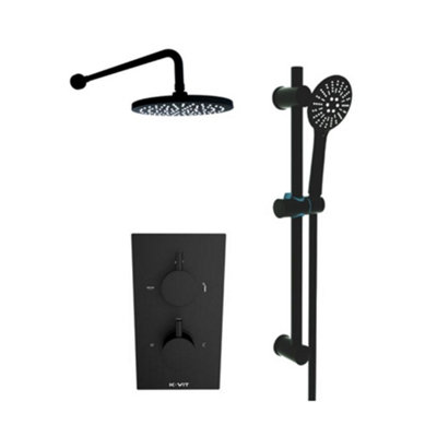 Matt Black Finish Thermostatic Concealed Mixer Shower + Slide Rail Kit & Fixed Overhead Drencher