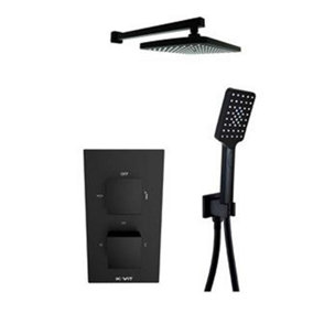 Matt Black Finish Thermostatic Concealed Mixer Shower (With Diverter) Hand Shower & Fixed Overhead Drencher (Sea) - 2 Shower Heads