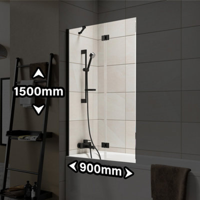 Matt Black Frameless 900 x 1500mm Bi Fold Bath Screen Outward Opening Toughened Safety Glass - 3