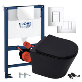 Matt Black Hidden Fixation Rimless Wall Hung Toilet & GROHE 0.82m Concealed WC Cistern Frame