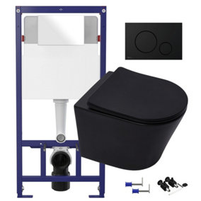 Matt Black Hidden Fixation Wall Hung Rimless Toilet WC Pan & 1.12m Concealed Cistern Frame WC Unit with Matt Black Flush Plate