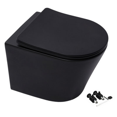 Matt Black Hidden Fixation Wall Hung Rimless Toilet WC Pan & Soft Close Slim Seat