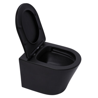 Matt Black Hidden Fixation Wall Hung Rimless Toilet WC Pan & Soft Close Slim Seat