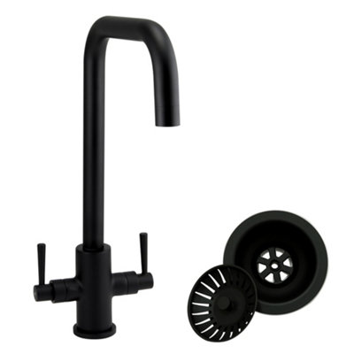 Matt Black Kitchen Sink Mixer Tap Swivel Spout Dual Levers & Basket Strainer Waste