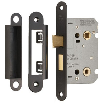 Matt Black Locking Bathroom Door Sashlock Latch - Radius Forend 76mm Deep
