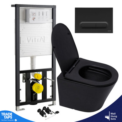 Matt Black Rimless Wall Hung Toilet Pan & VITRA Concealed WC Cistern Frame Plate Set-Complete Set - Slimline Flush Price Comparisons | Compare The Build