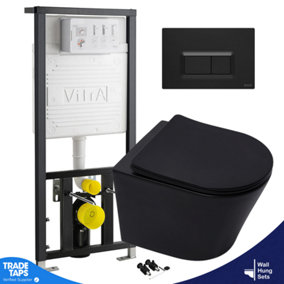 Matt Black Rimless Wall Hung Toilet & VITRA Concealed WC Cistern Frame Plate Set-Complete Set - Square Flush