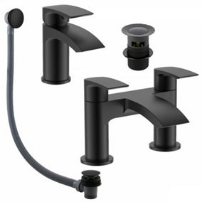 Matt Black Round Basin Sink Tap & Bath Filler Set with Matching Waste Plugs