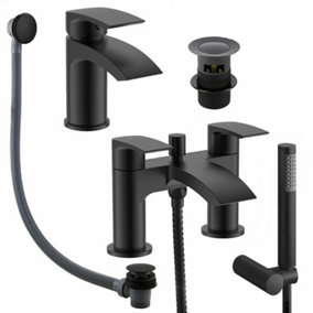 Matt Black Round Basin Sink Tap & Bath Shower Mixer with Matching Waste Plugs