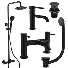 Matt Black Round Thermostatic Overhead Shower Kit with Peg Basin Tap, Bath Filler, and Pop Up Bath Waste