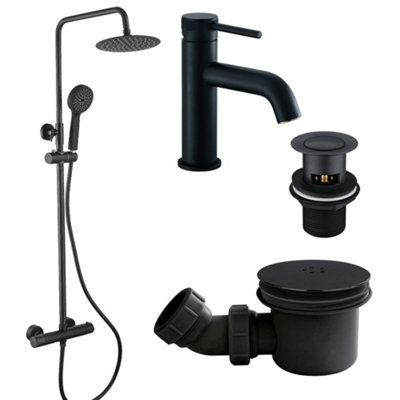 Matt Black Round Thermostatic Overhead Shower Kit with Ravello Basin