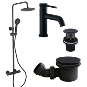 Matt Black Round Thermostatic Overhead Shower Kit with Ravello Basin Tap and Shower Tray Waste