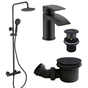 Matt Black Round Thermostatic Overhead Shower Kit with Sleek Basin Tap and Shower Tray Waste