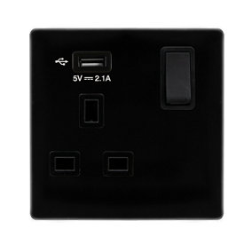 Matt Black Screwless Plate 1 Gang 13A DP   1 USB Switched Plug Socket - Black Trim - SE Home