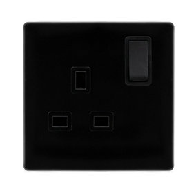 Matt Black Screwless Plate 1 Gang 13A DP   Switched Plug Socket - Black Trim - SE Home