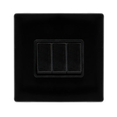 Matt Black Screwless Plate 10A 3 Gang 2 Way   Light Switch - Black Trim - SE Home