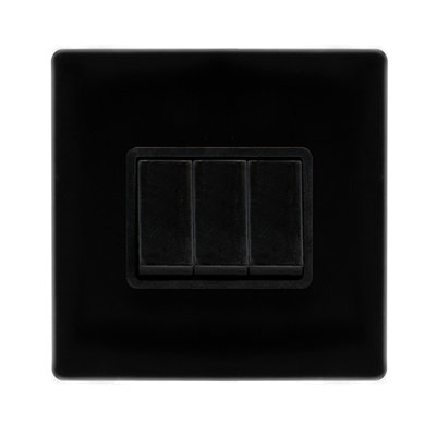 Matt Black Screwless Plate 10A 3 Gang 2 Way   Light Switch - Black Trim - SE Home