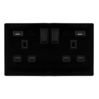 Matt Black Screwless Plate 2 Gang 13A DP   2 USB Twin Double Switched Plug Socket - Black Trim - SE Home