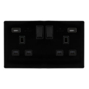 Matt Black Screwless Plate 2 Gang 13A DP   2 USB Twin Double Switched Plug Socket - Black Trim - SE Home