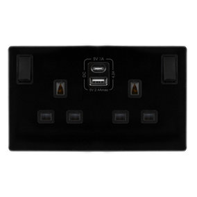 Matt Black Screwless Plate 2 Gang 13A DP   Type A & C USB Twin Double Switched Plug Socket - Black Trim - SE Home