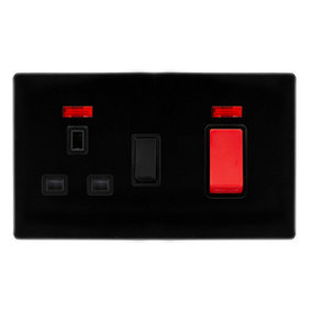 Matt Black Screwless Plate Cooker Control   45A With 13A Switched Plug Socket & 2 Neons - Black Trim - SE Home