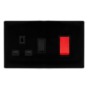 Matt Black Screwless Plate Cooker Control   45A With 13A Switched Plug Socket - Black Trim - SE Home