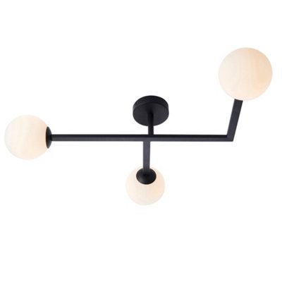 Matt Black Semi Fush Bathroom Ceiling Light & Opal Glass Shade - 3 Bulb ...