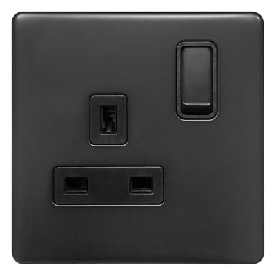 Matt Black Single Wall Socket Switched 1 Gang 13A Double Pole Screwless ...