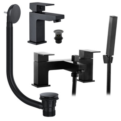 Matt Black Square Basin & Bath Shower Mixer Tap Set Including Bath Waste (Form Style)