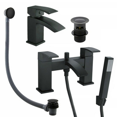 Matt Black Square Basin Sink Tap & Bath Shower Mixer Set with Matching ...