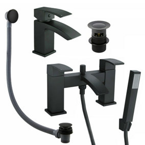 Matt Black Square Basin Sink Tap & Bath Shower Mixer Set with Matching Waste Plugs