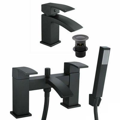 Matt Black Square Basin Sink Tap & Bath Shower Mixer Set