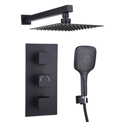 Matt Black Square Concealed Thermostatic 3 Handle Valve 2 Outlet 