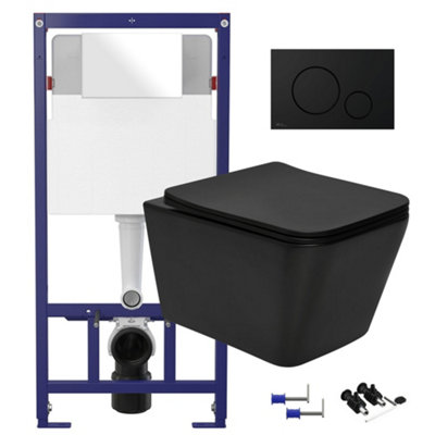 Matt Black Square Hidden Fixation Wall Hung Rimless Toilet WC Pan & 1.12m Concealed Cistern WC Frame & Matt Black Flush Plate