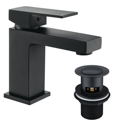 Matt Black Square Modern Bathroom Basin Sink Mixer Tap & Waste | DIY at B&Q