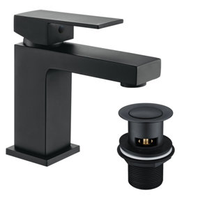 Matt Black Square Modern Bathroom Basin Sink Mixer Tap & Waste