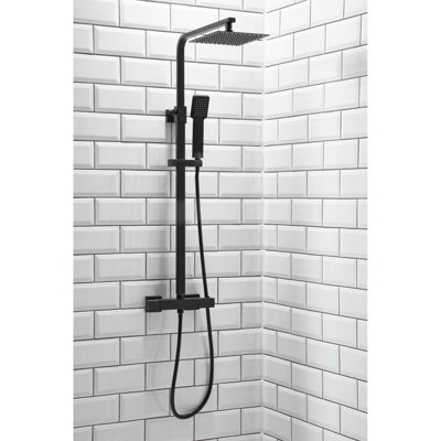 Matt Black Square Overhead Thermostatic Rigid Riser Shower Kit Adjustable Height